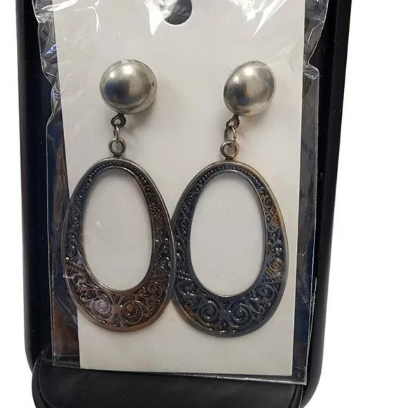 Vintage Jewelry - Vintage 60s-70s Etched Intricate Open Oval Hoop Earrings Silver Tone